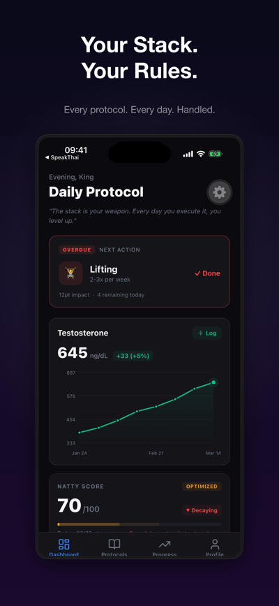 NattyKing app dashboard showing daily protocol tracking, Natty Score, and streak counter