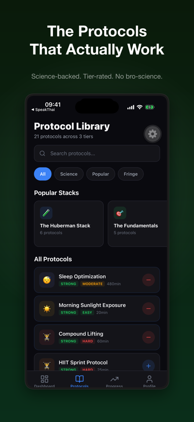 Protocol library showing 26 testosterone optimization protocols with evidence ratings