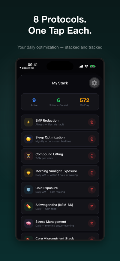 Pre-built protocol stacks including Huberman Stack and Fundamentals